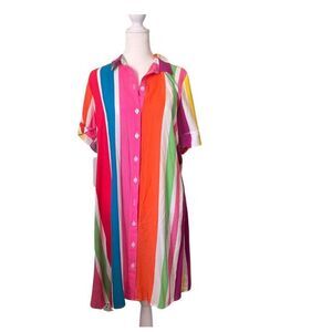 Everlily Multicolored Broad stripe Button Up Short Sleeve Shirt Dress MEDIUM